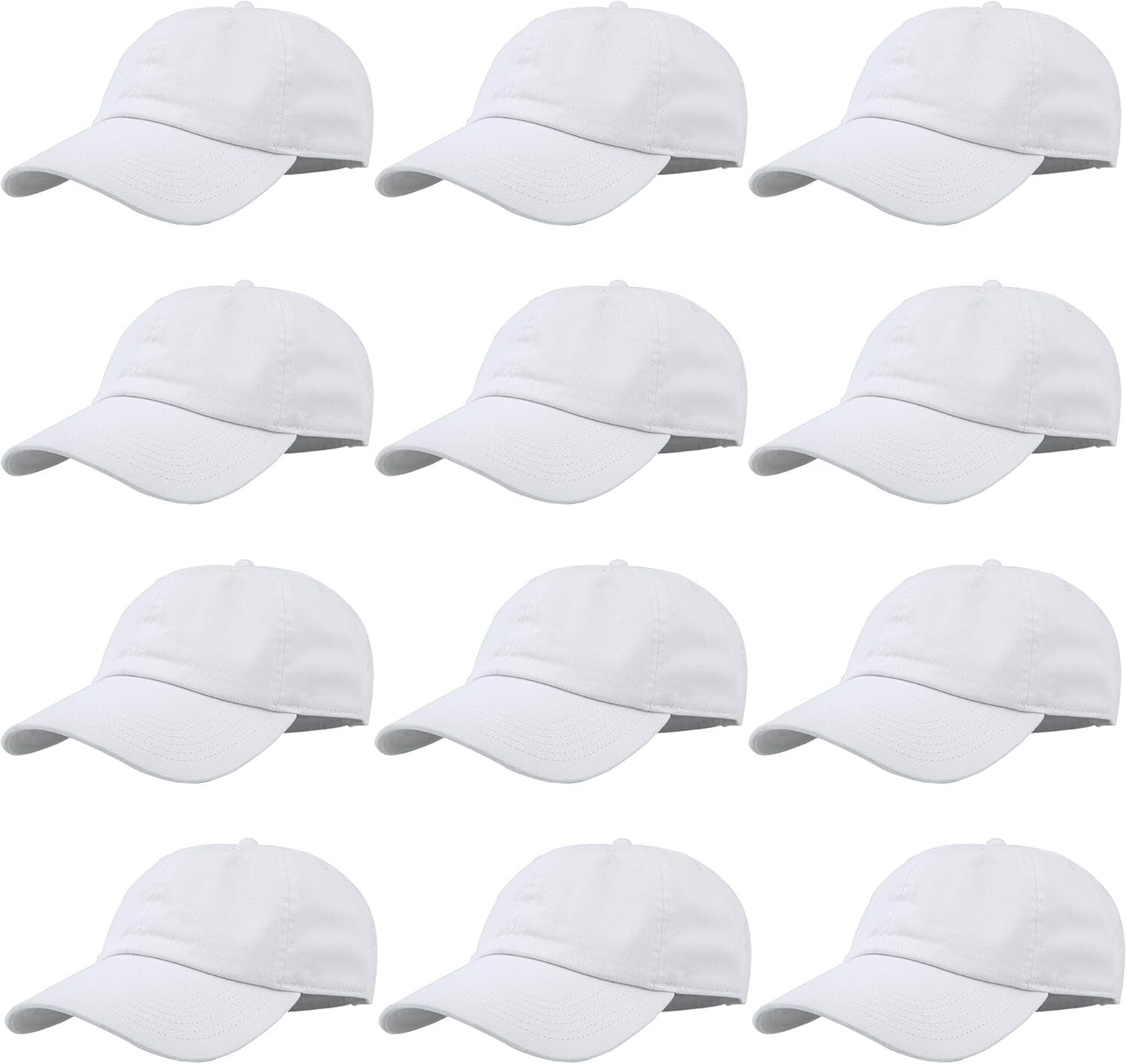 12-Pack Adjustable Cotton Caps - White Baseball Hats for Teams or Events