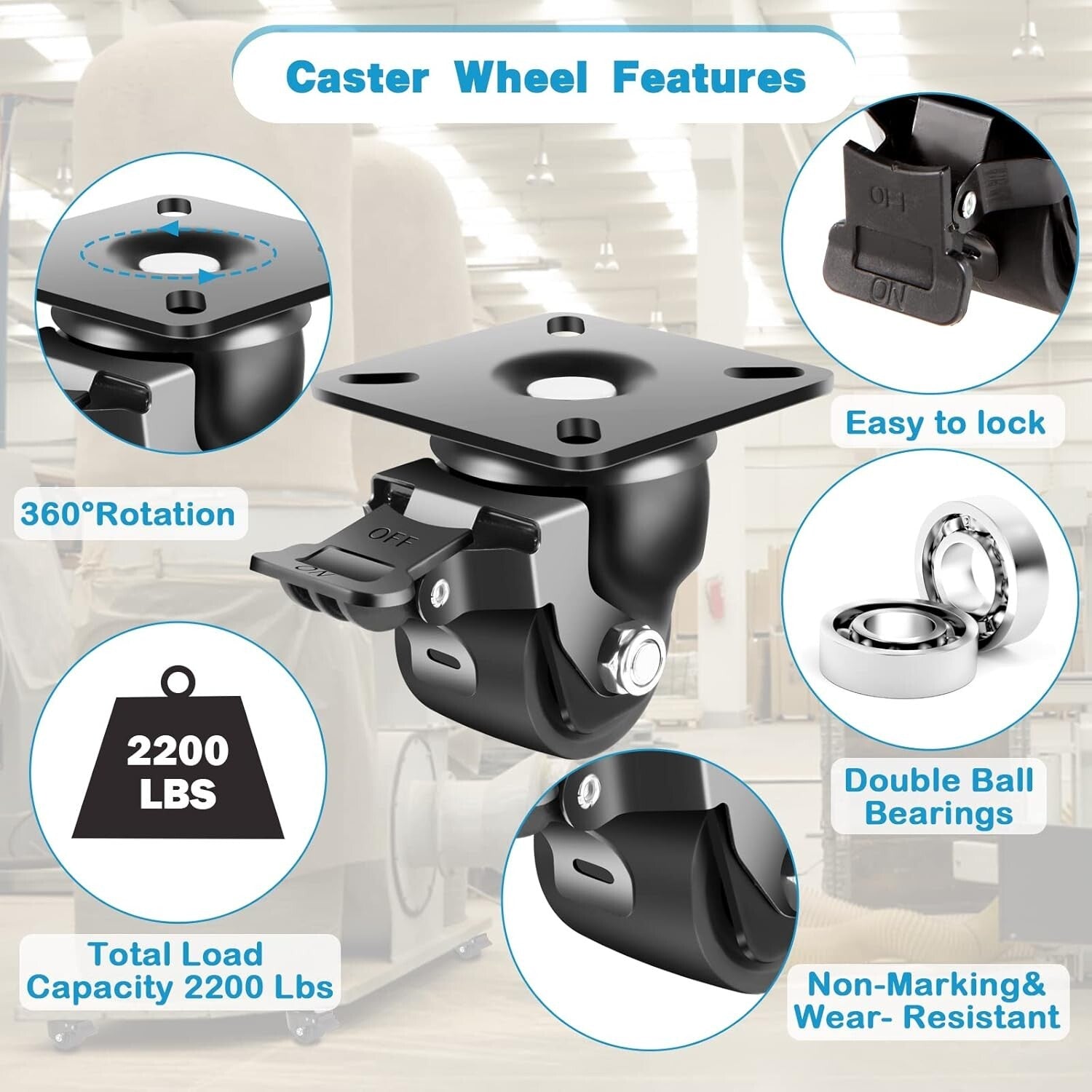 Corrosion-Resistant 2-Inch Caster Wheel Set with 360° Swivel & Brake - 4 Pack