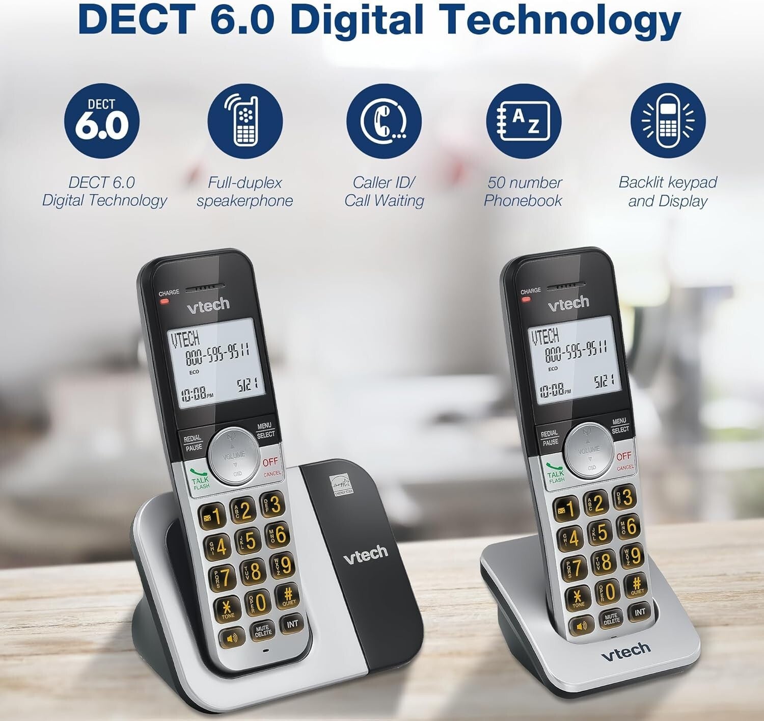 DECT 6.0 2-Handset Cordless Phone with Caller ID and Quiet Mode for Easy Use
