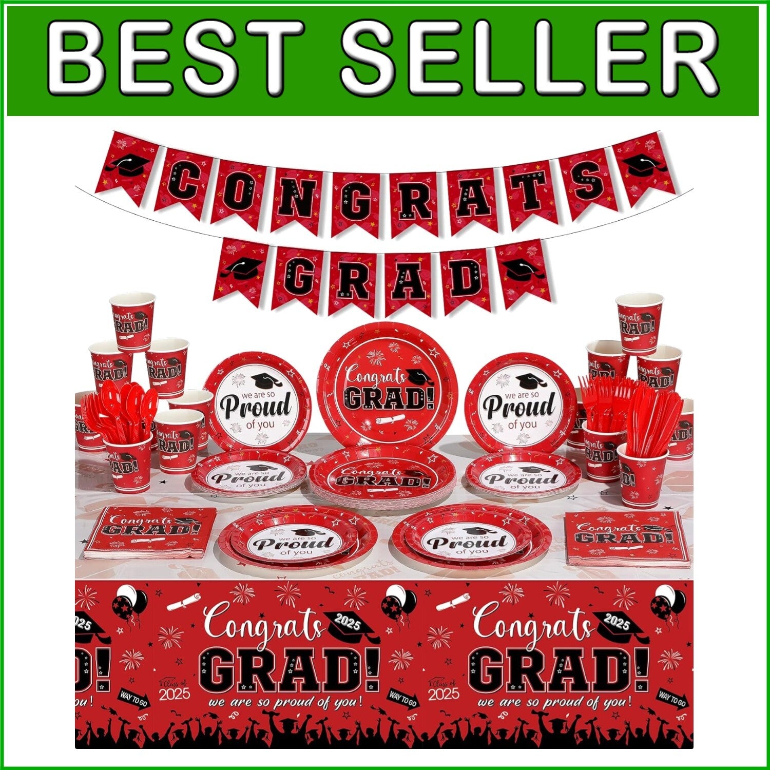 Disposable Graduation Party Supplies Set: 357 Red Plates, Napkins, Banner & More