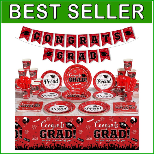 Disposable Graduation Party Supplies Set: 357 Red Plates, Napkins, Banner & More