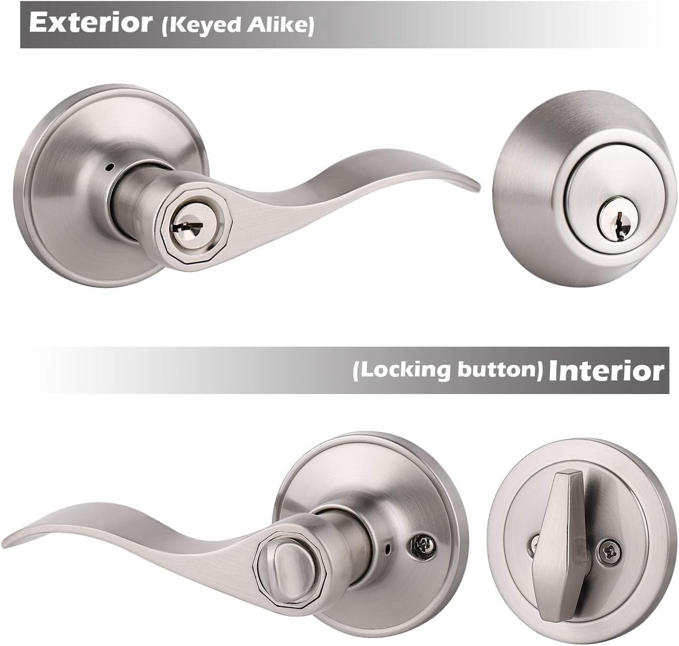 Premium Satin Nickel Lever & Deadbolt Combination lockset - 2 Pack Keyed Alike