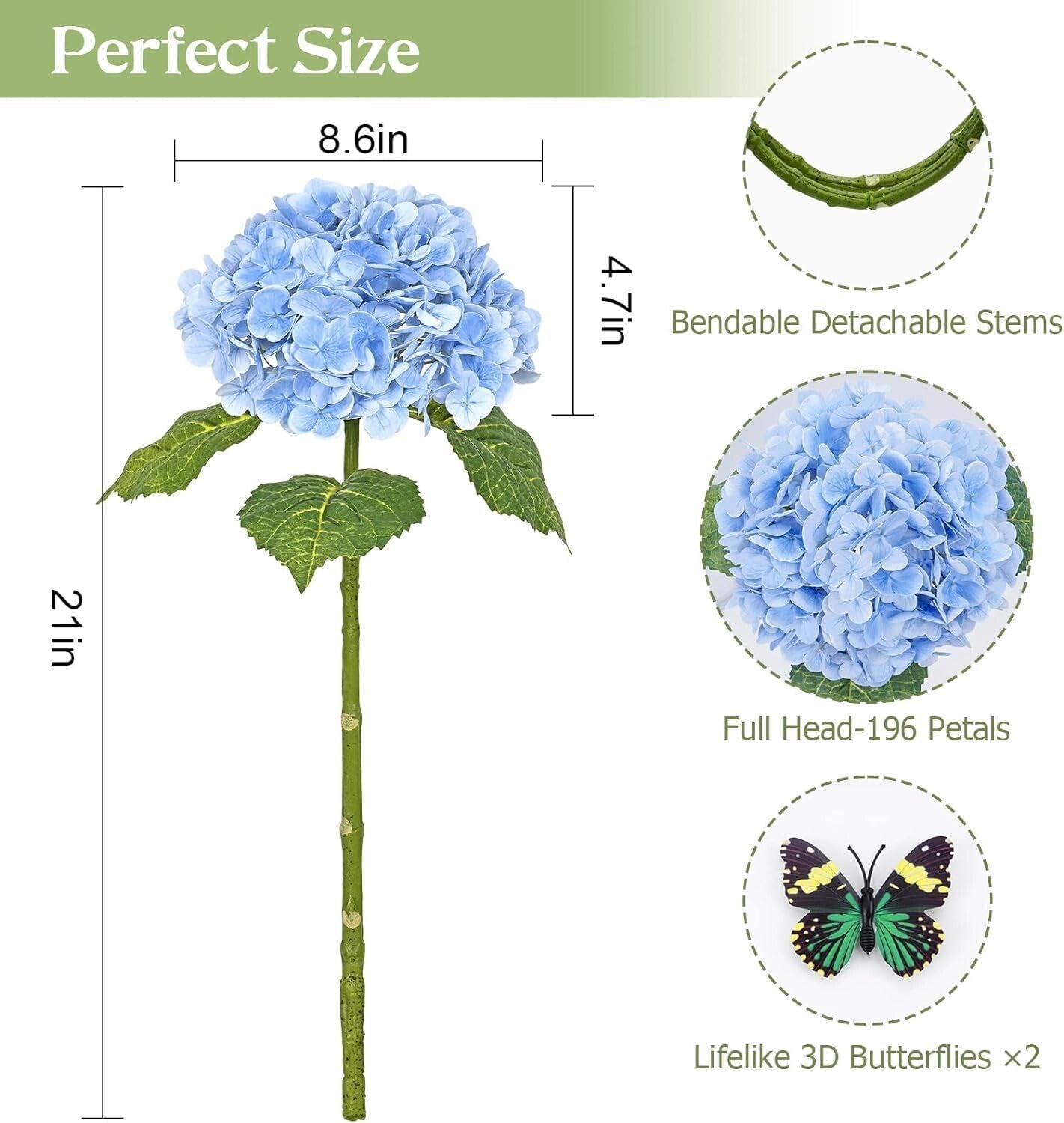 Lifelike 21" Hydrangea Flowers - Soft Touch with Washable Petals, 4-Piece Set