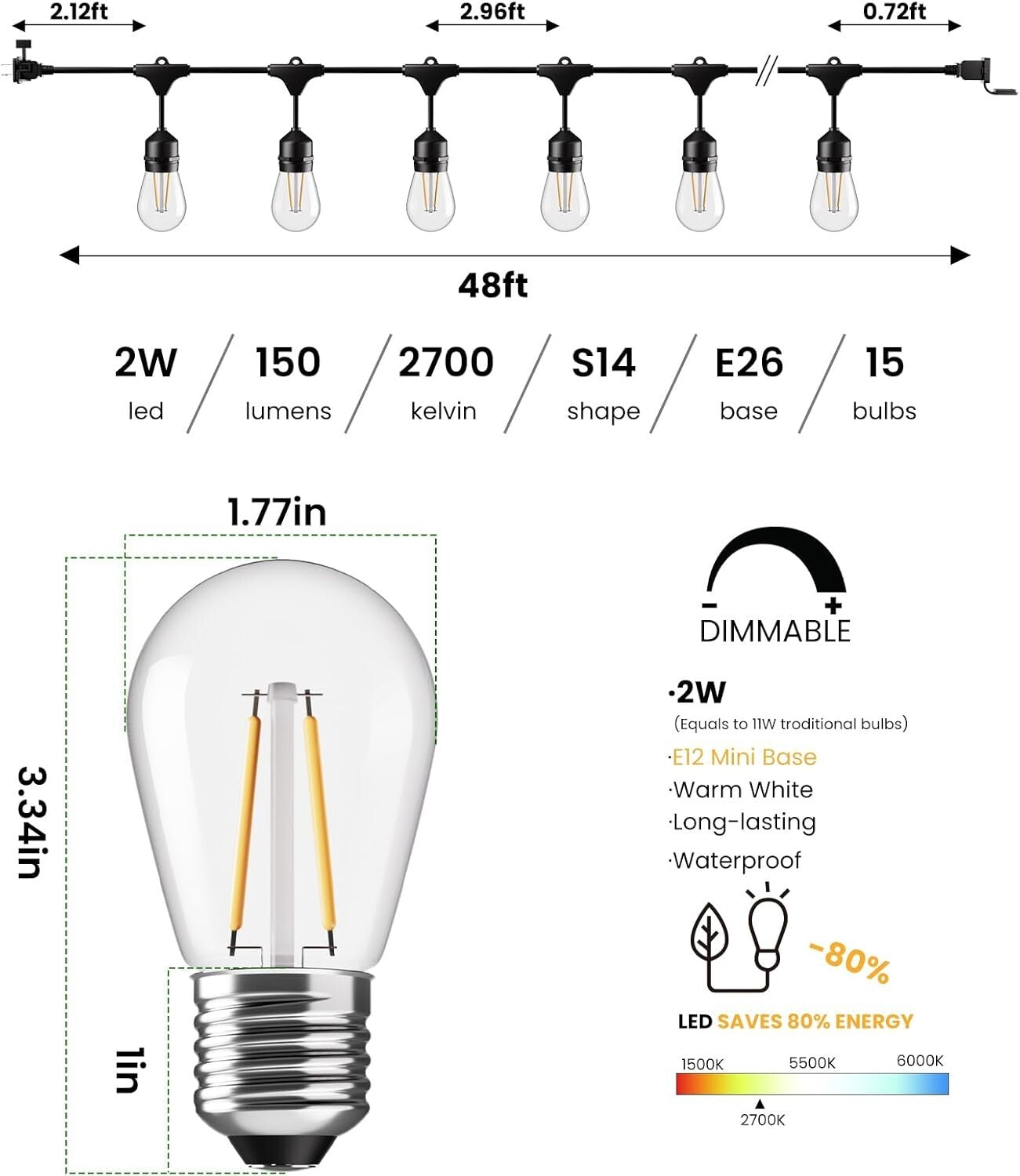 Commercial Grade 48 FT Patio Lights with 15 Shatterproof Edison Bulbs - Dimmable