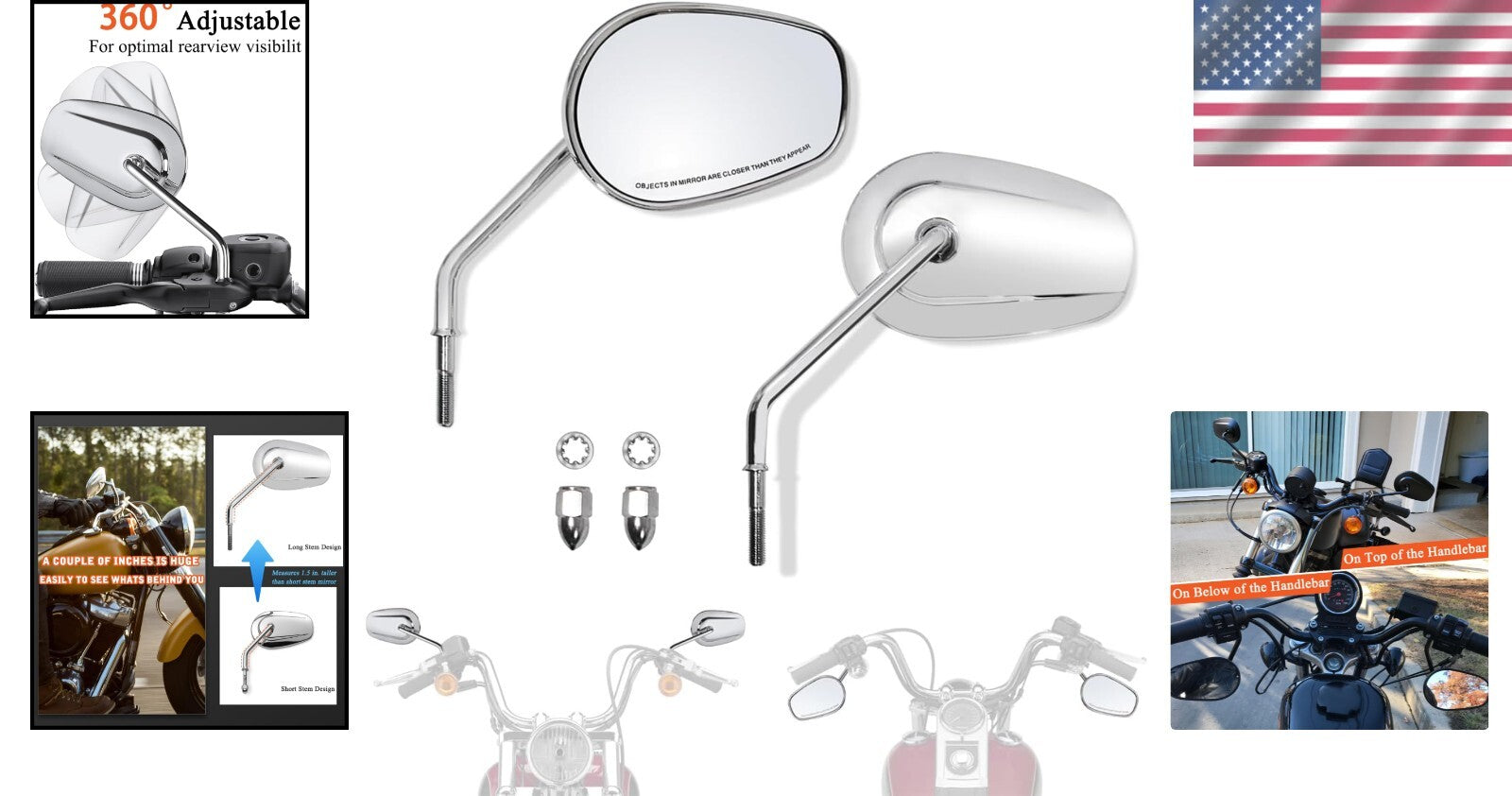 Chrome Long Stem Handlebar Mount Mirrors for 2024 Harley Models - Left & Right