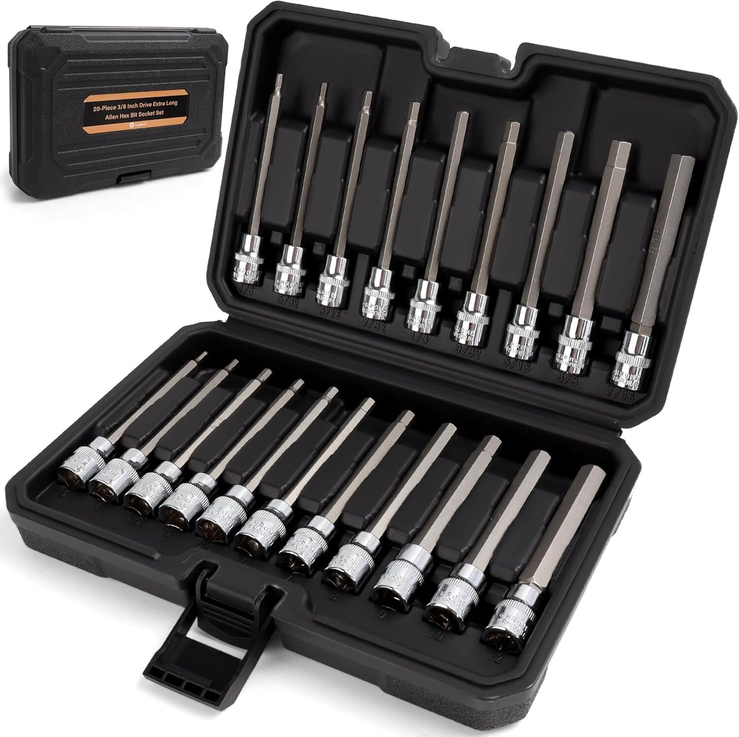 20PC Extra Long Allen Hex Socket Set - Chrome Vanadium Steel with Case