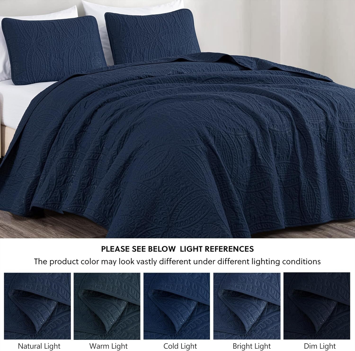 Luxurious 3-Piece Oversized Queen Bedspread Set in Navy with Medallion Design