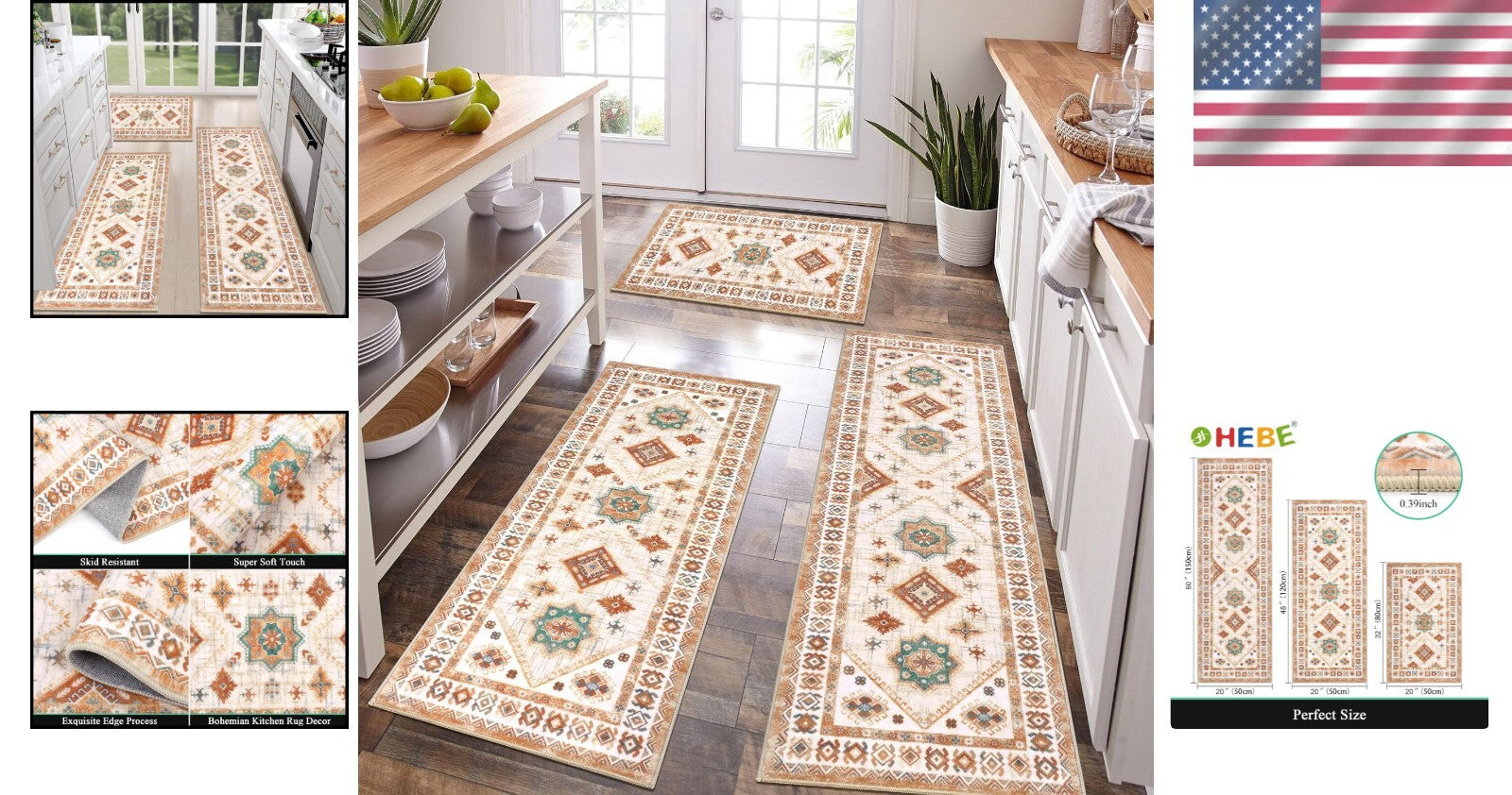 Durable & Washable 3-Piece Kitchen Rug Set with Runner - Elegant Floral Design