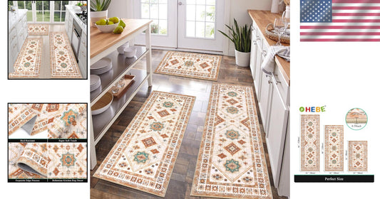 Durable & Washable 3-Piece Kitchen Rug Set with Runner - Elegant Floral Design