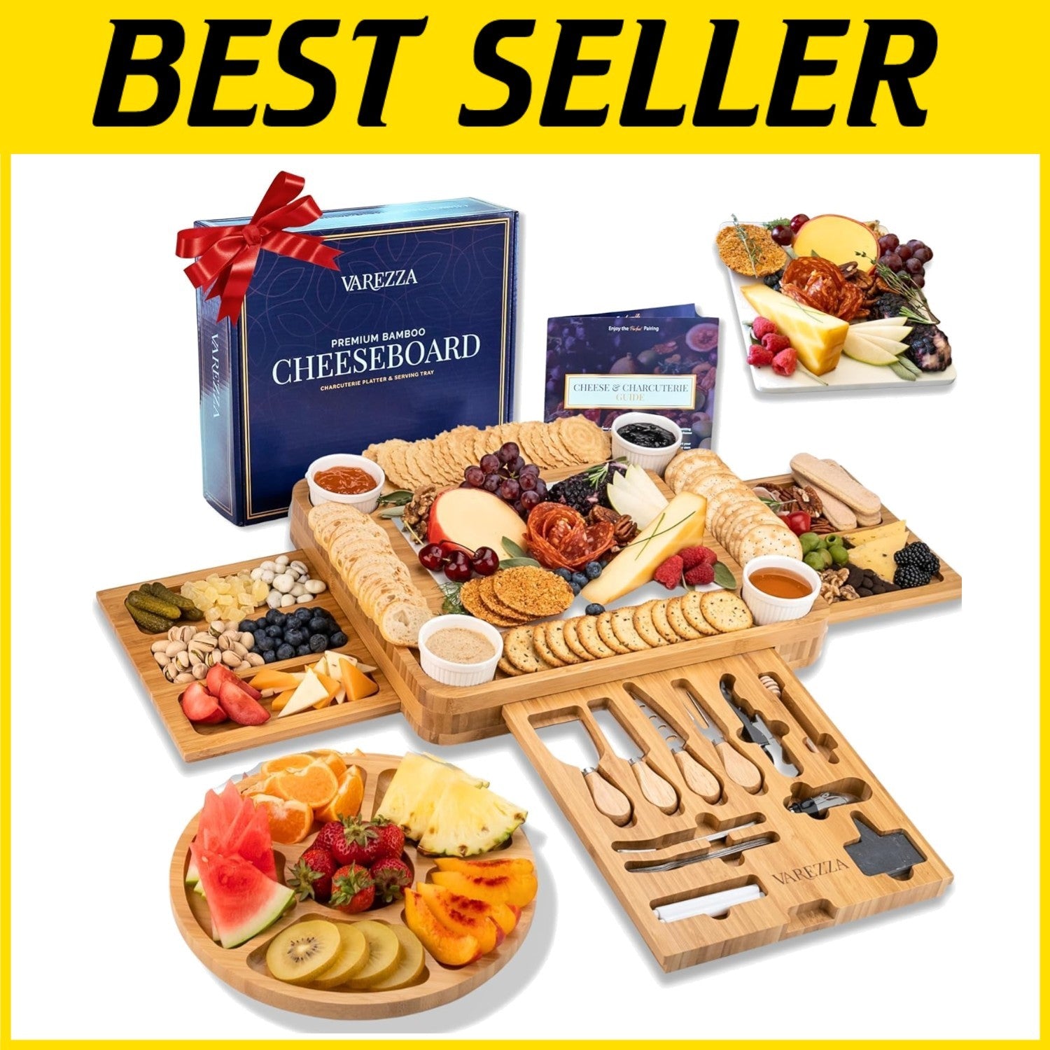 Extra Large Marble & Bamboo Charcuterie Board Set - 27 Entertaining Accessories