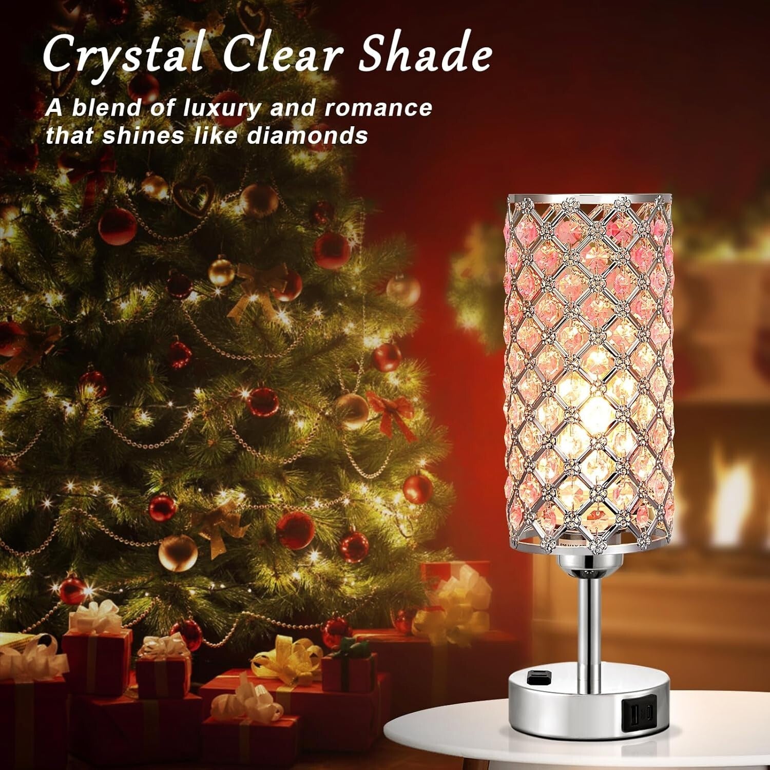 Modern 2-Pack Dimmable Touch Crystal Table Lamps with USB Charging Ports