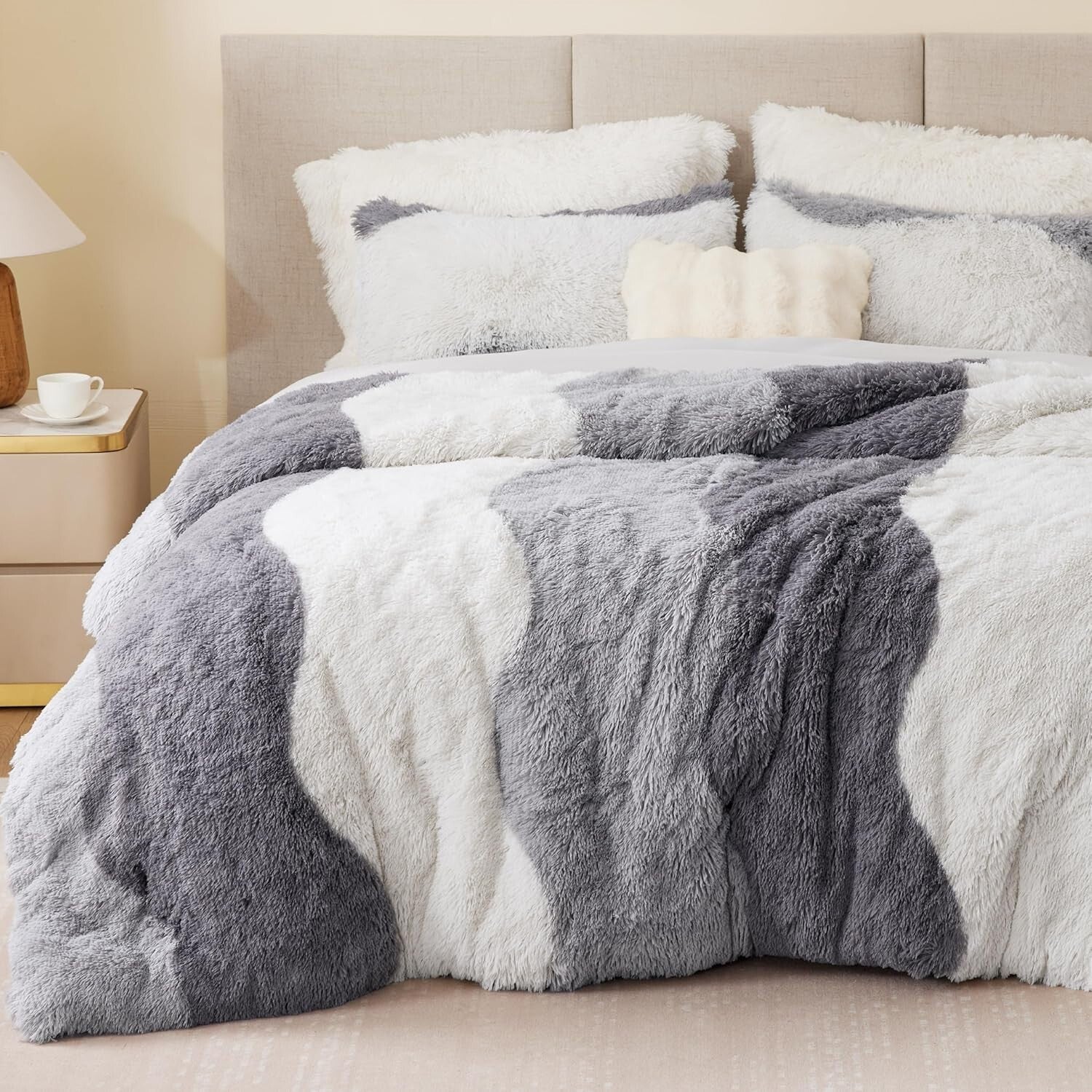 Oeko-Tex Certified Shaggy Faux Fur Comforter Set in Stylish Grey Ombre, 3-Piece