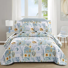 Load image into Gallery viewer, Reversible Ocean-Themed Full/Queen Quilt Set with Vintage Seashell Pillow Shams