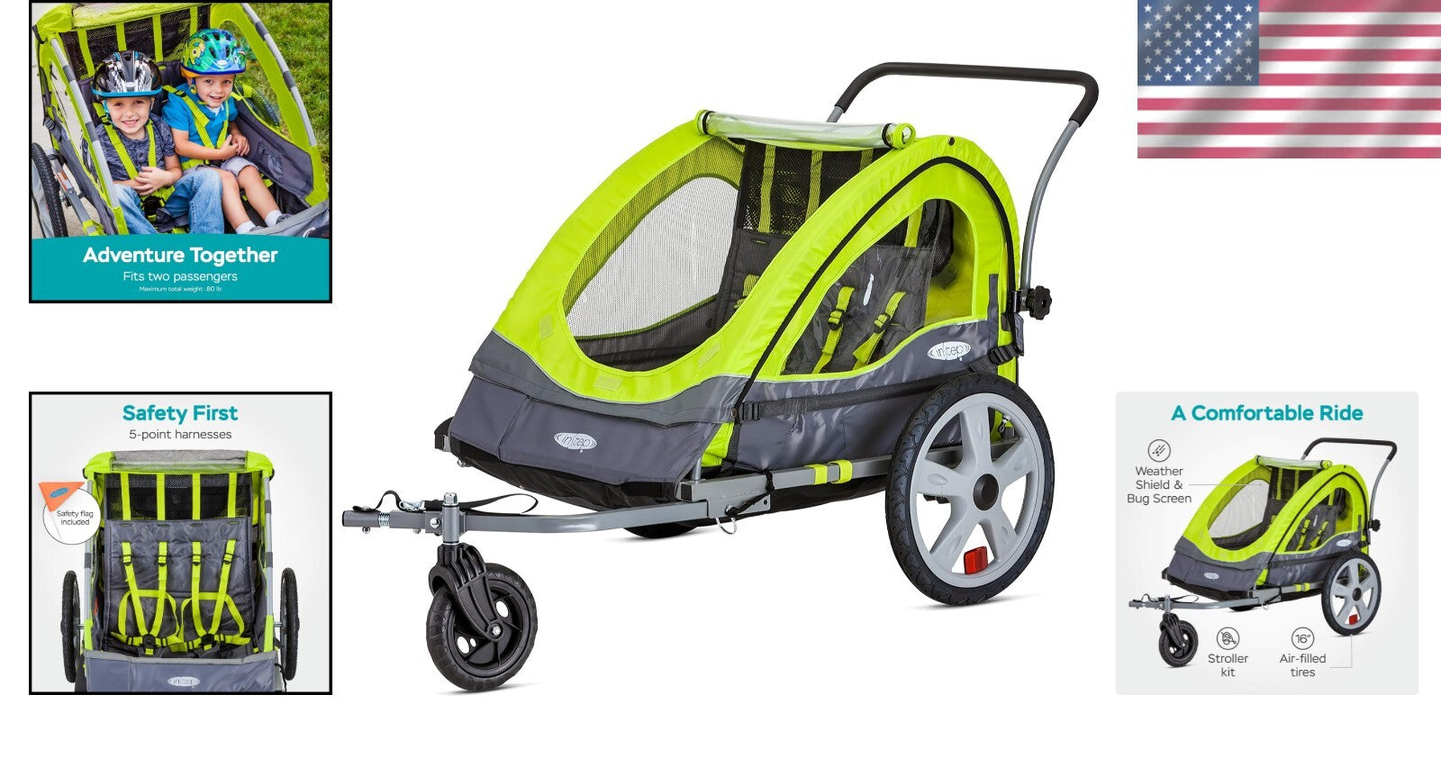 Folding Quick-N-EZ Double Child Carrier Bicycle Trailer with Universal Coupler