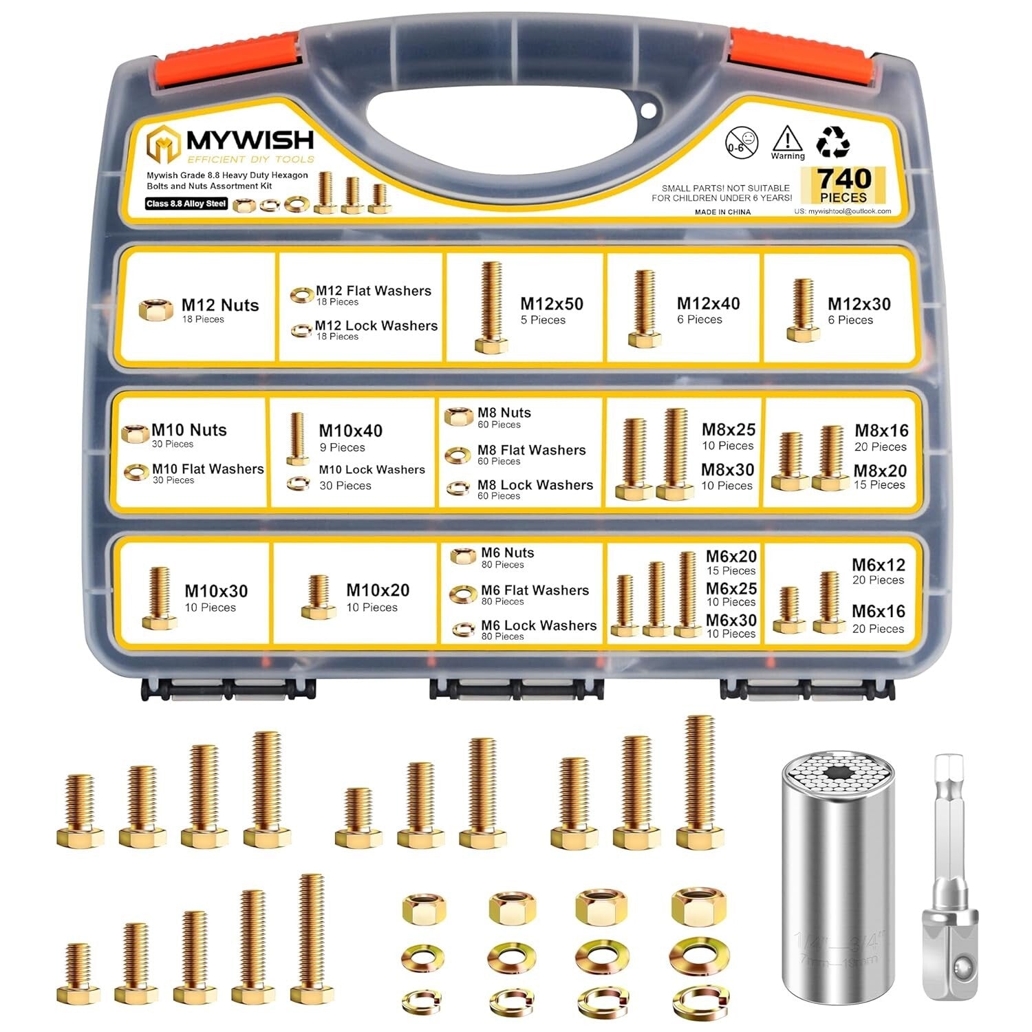 740-Piece Grade 8.8 Metric Bolts and Nuts Kit - M6, M8, M10, M12 Assortment