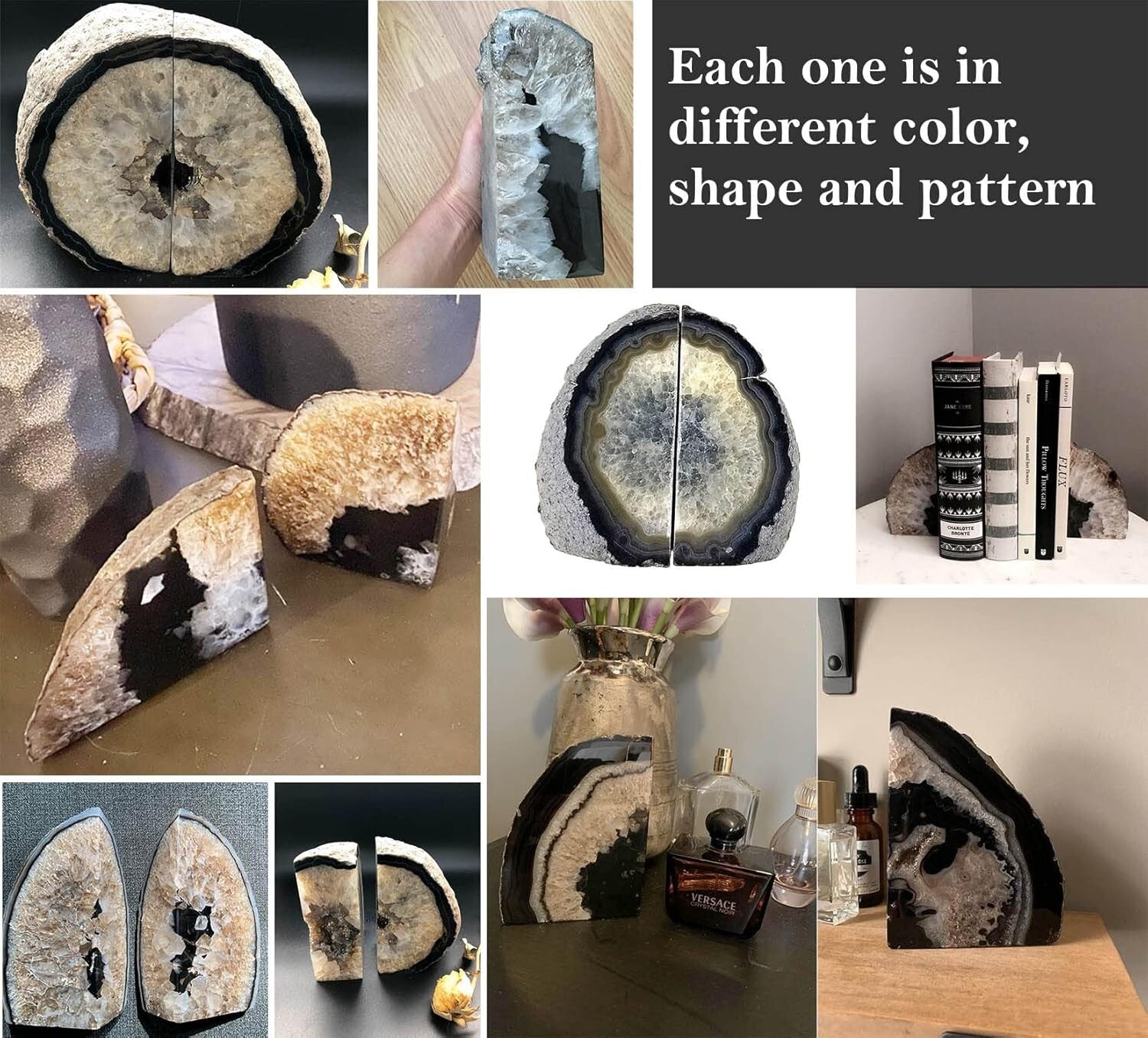 Elegant Heavy Duty Black Agate Bookends with Rubber Bumpers - Unique Decor