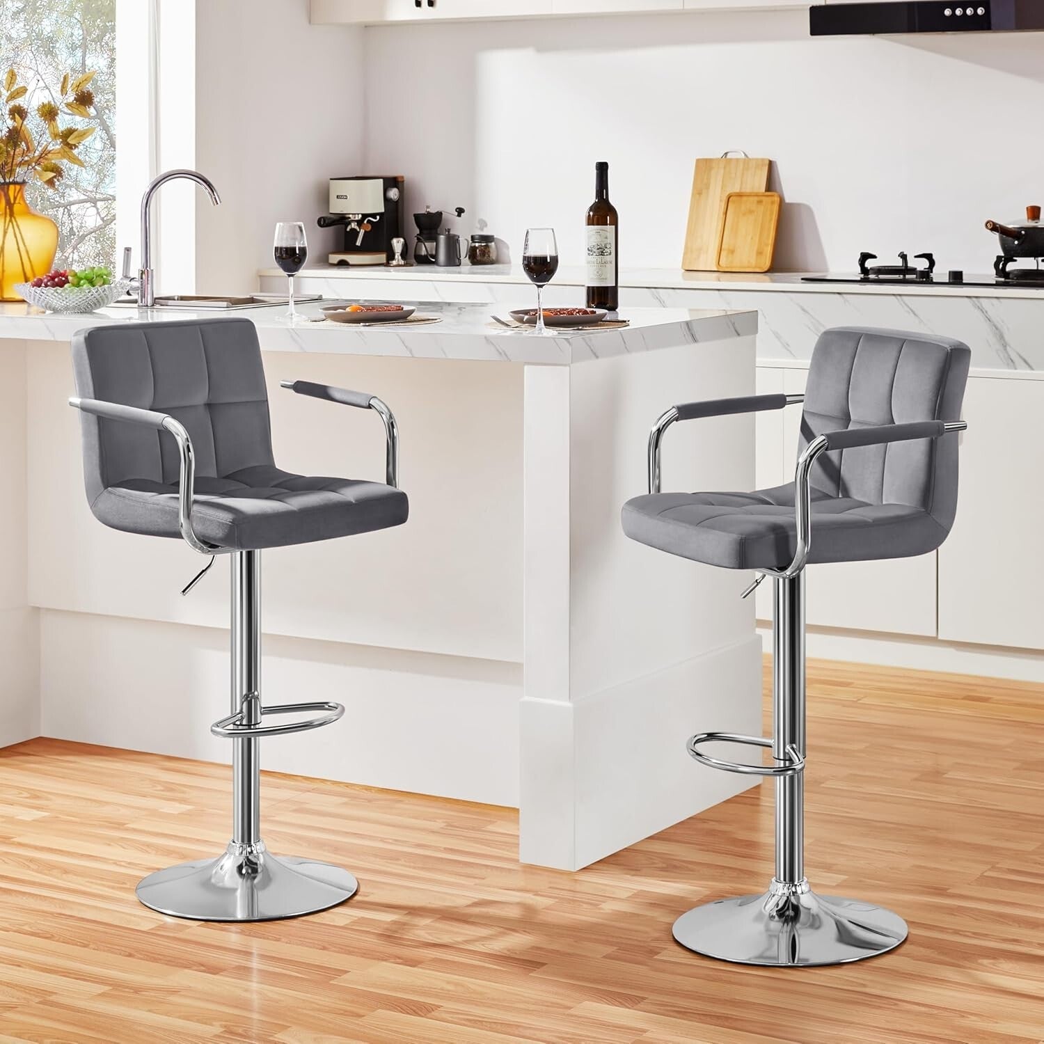 Set of 2 Elegant Velvet Swivel Bar Stools with Adjustable Height - Modern Design