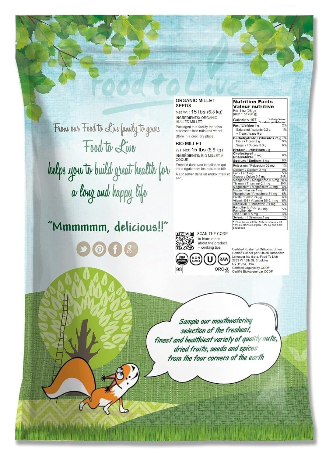 15 lbs Organic Whole Grain Millet - Versatile, Gluten-Free, and Kosher