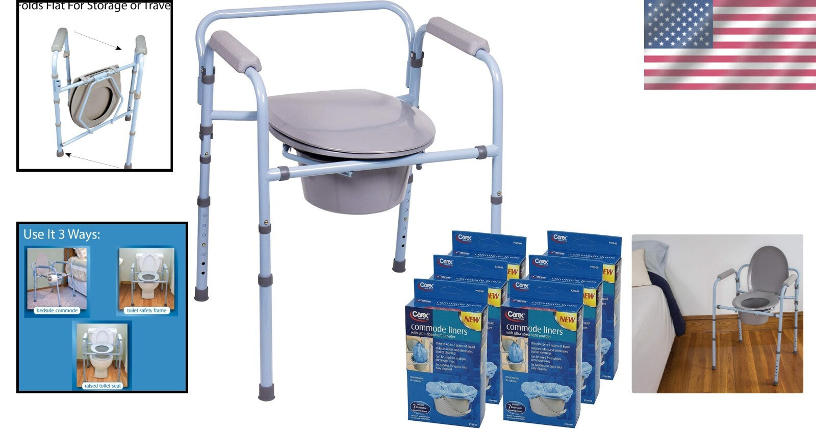 Folding Bedside Commode Chair for Adults - Supports 300lbs, 42 Liners Included