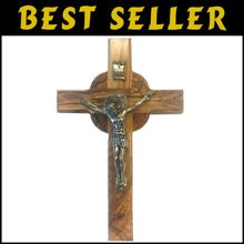 Load image into Gallery viewer, 8-Inch Olive Wood Saint Benedict Crucifix with Celtic Design &amp; Prayer Cards