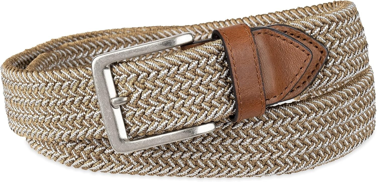 Men's Adjustable Braided Stretch Web Belt with Genuine Leather Details