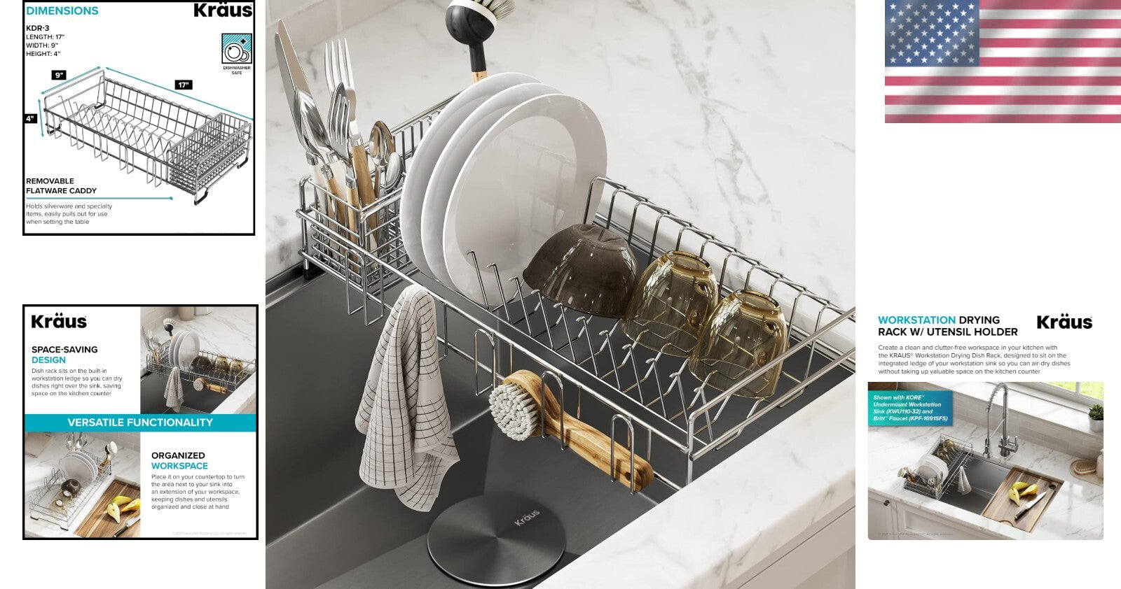 17" Stainless Steel Over Sink Dish Drying Rack with Removable Utensil Holder