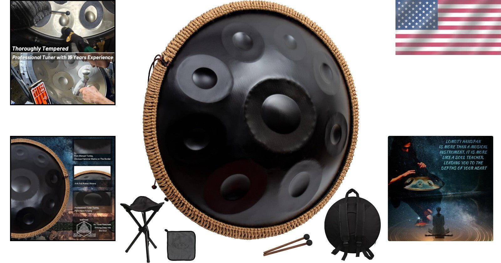 Portable 22" Black Hand Pan Drum Set - Ideal for Outdoor Performances & Healing