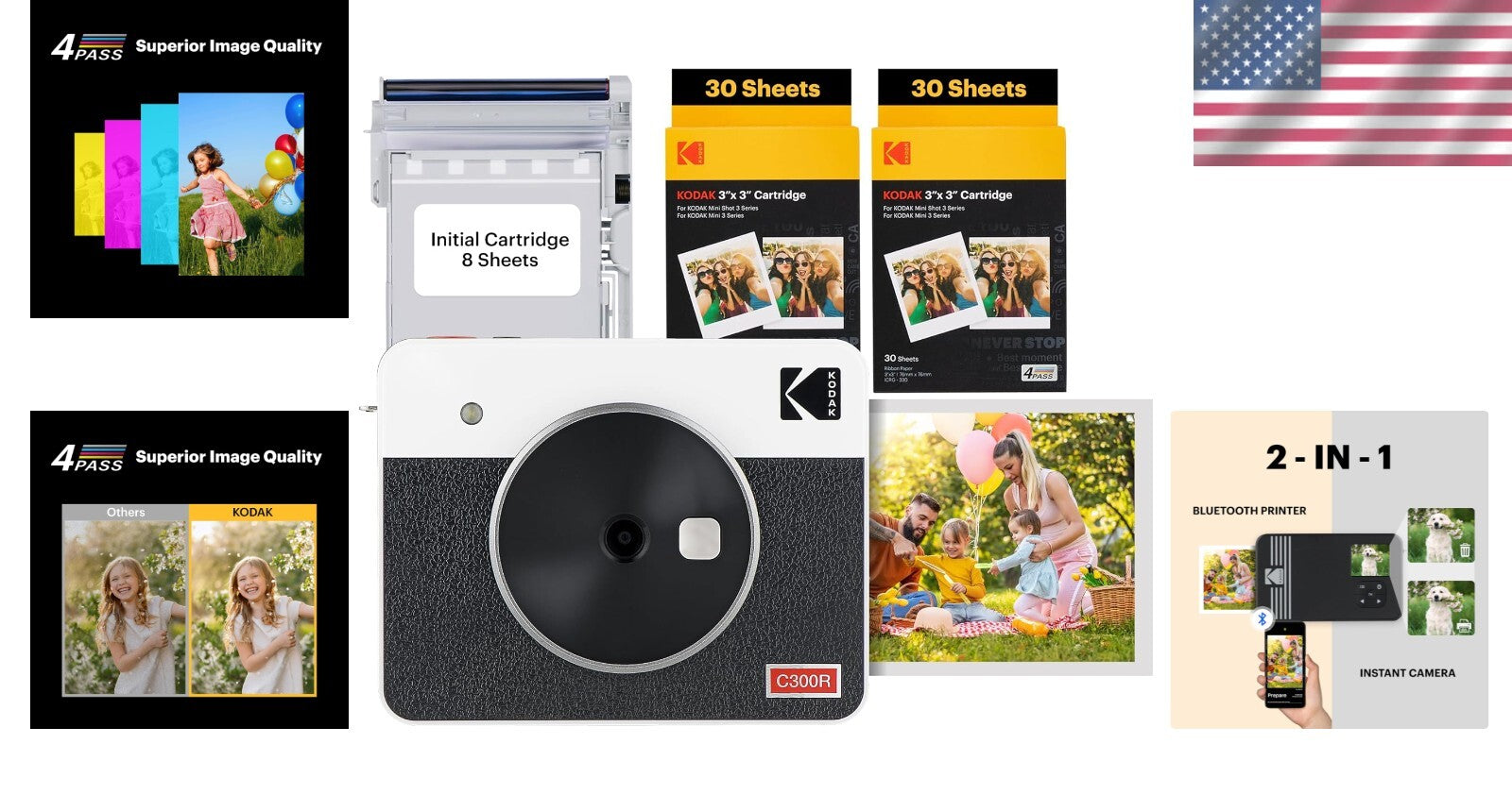 Portable Mini Shot 3 Retro Instant Camera & 60 Sheet Photo Printer Bundle, White