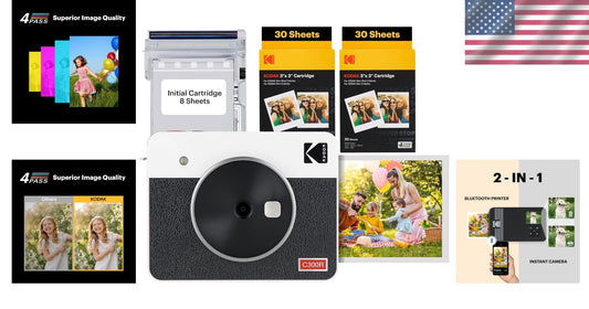 Portable Mini Shot 3 Retro Instant Camera & 60 Sheet Photo Printer Bundle, White