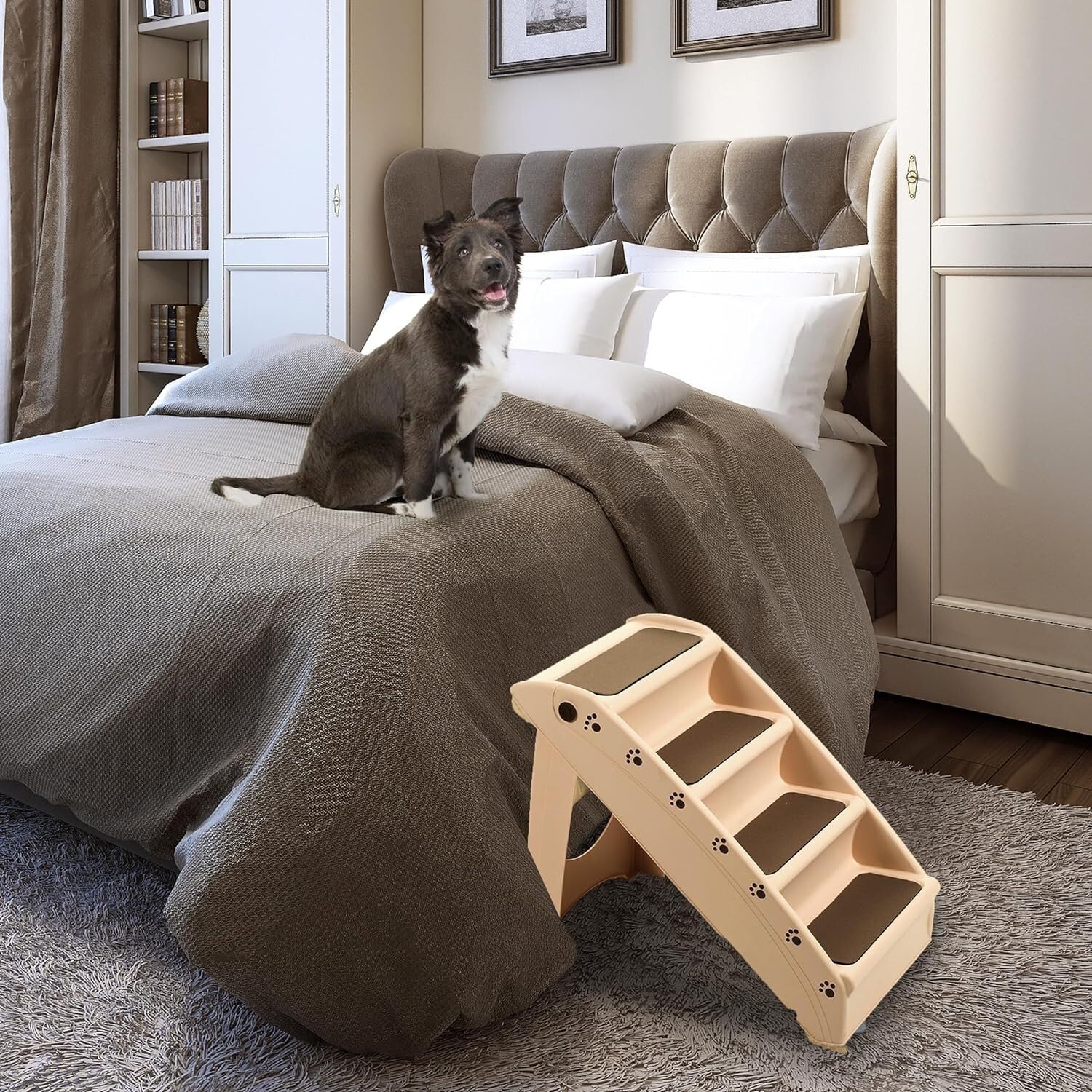 Sturdy 4-Step Folding Pet Stairs for Dogs and Cats - Tan Color Convenience