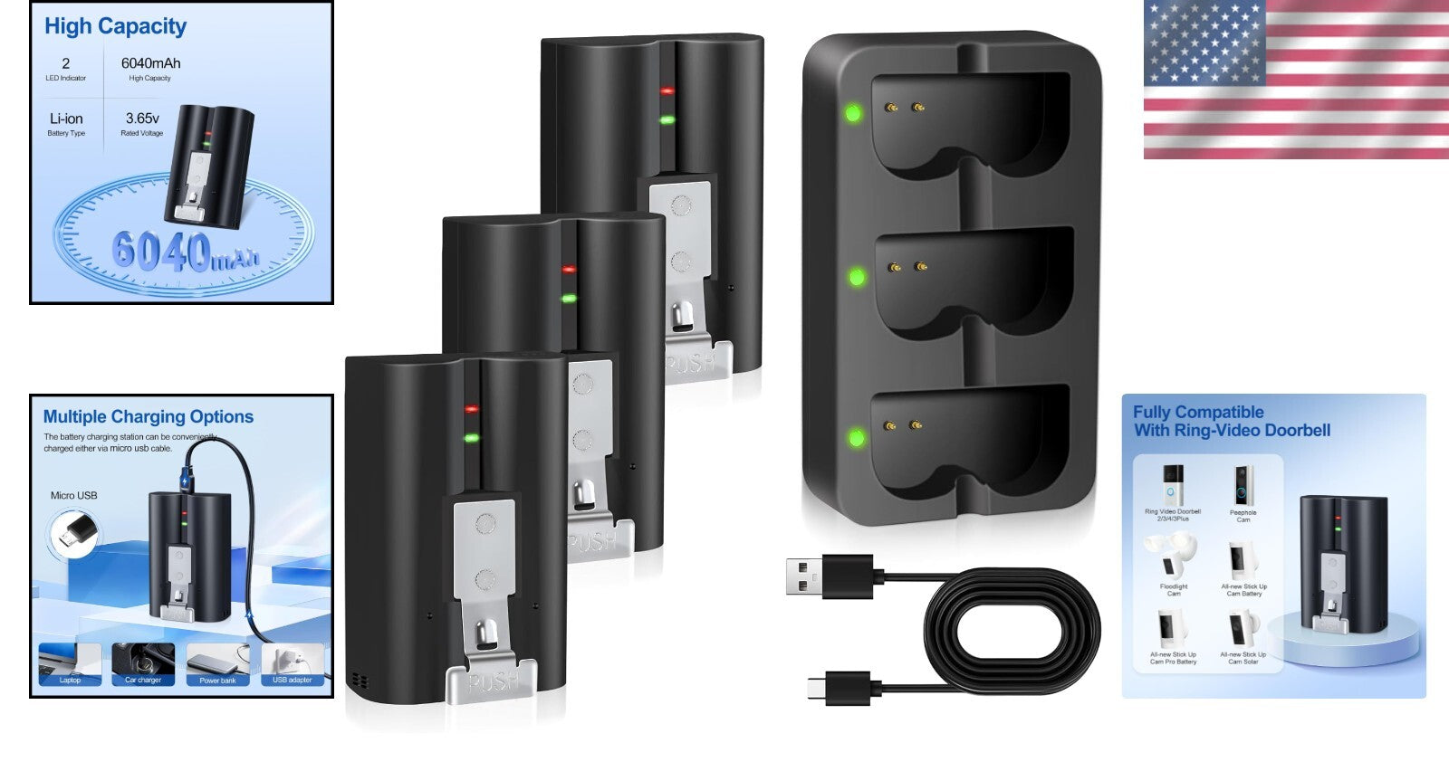 Essential 3-Pack Ring Compatible Battery & 3-Channel Charger – Fast USB Charging