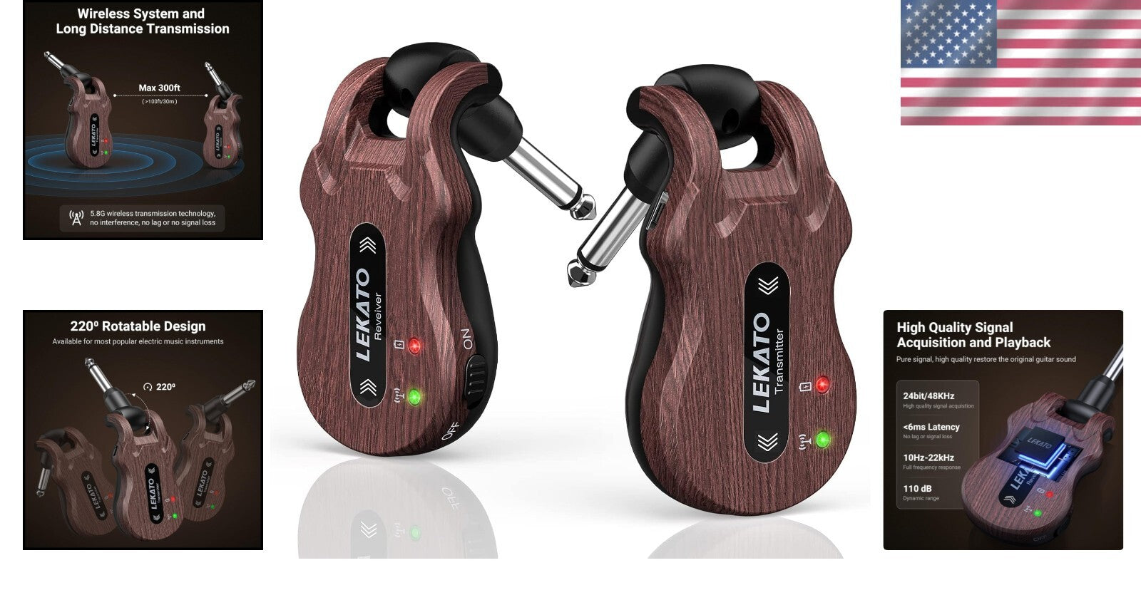 Rechargeable Wireless Guitar Transmitter & Receiver - 4 Channels, 100ft Range