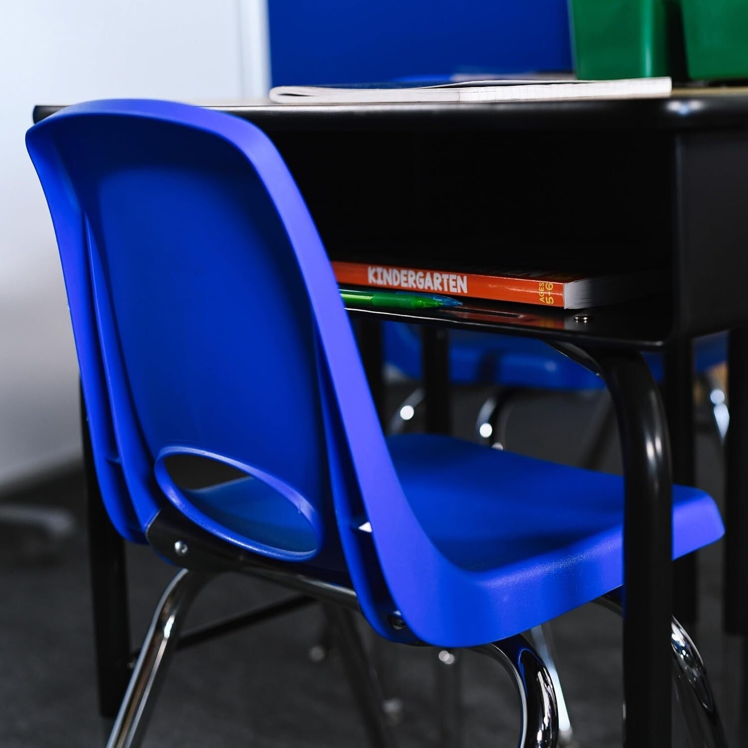 Durable 12" School Stack Chair Set - 6 Blue Seats with Smooth Ball Glides