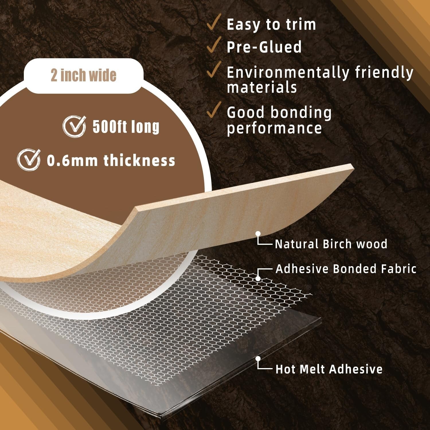 Premium Birch Edge Banding 2x500ft - Pre-Glued Wood Veneer for Easy Repairs