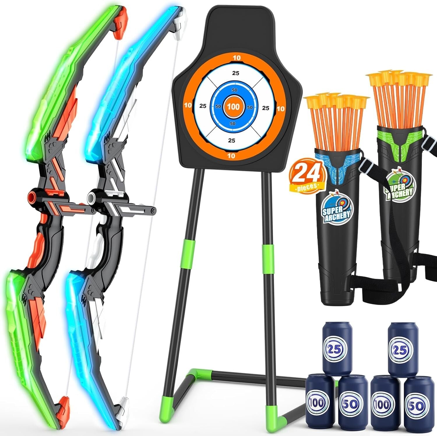 Fun and Safe LED Light Bow and Arrow Set - 2 Packs for Ages 4-8 with Targets