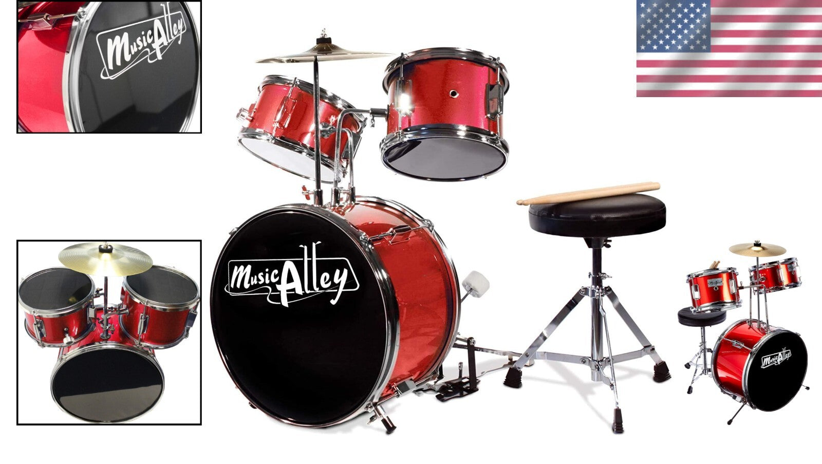 Authentic 3-Piece Drum Set for Kids with Adjustable Throne and Bass Pedal - Red