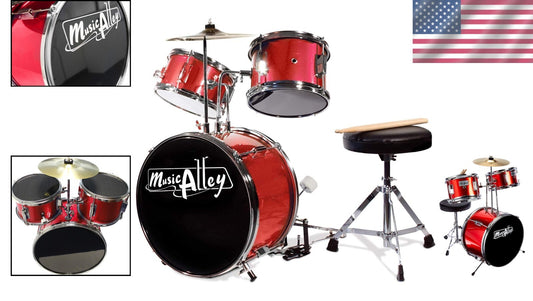 Authentic 3-Piece Drum Set for Kids with Adjustable Throne and Bass Pedal - Red