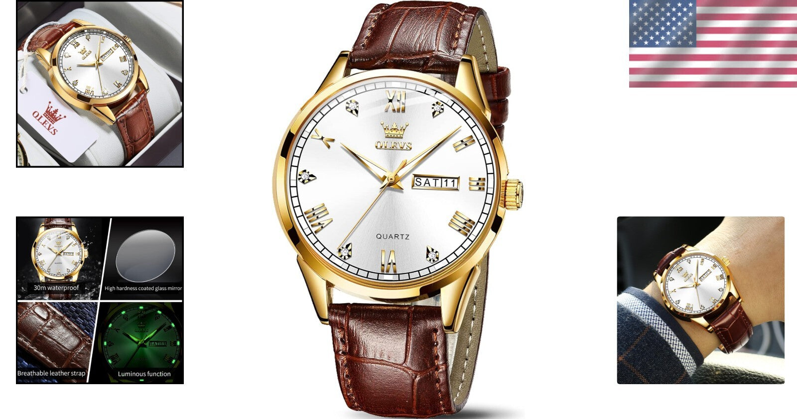 Elegant 39mm Brown Leather Dress Watch with Gold Case & Waterproof Feature