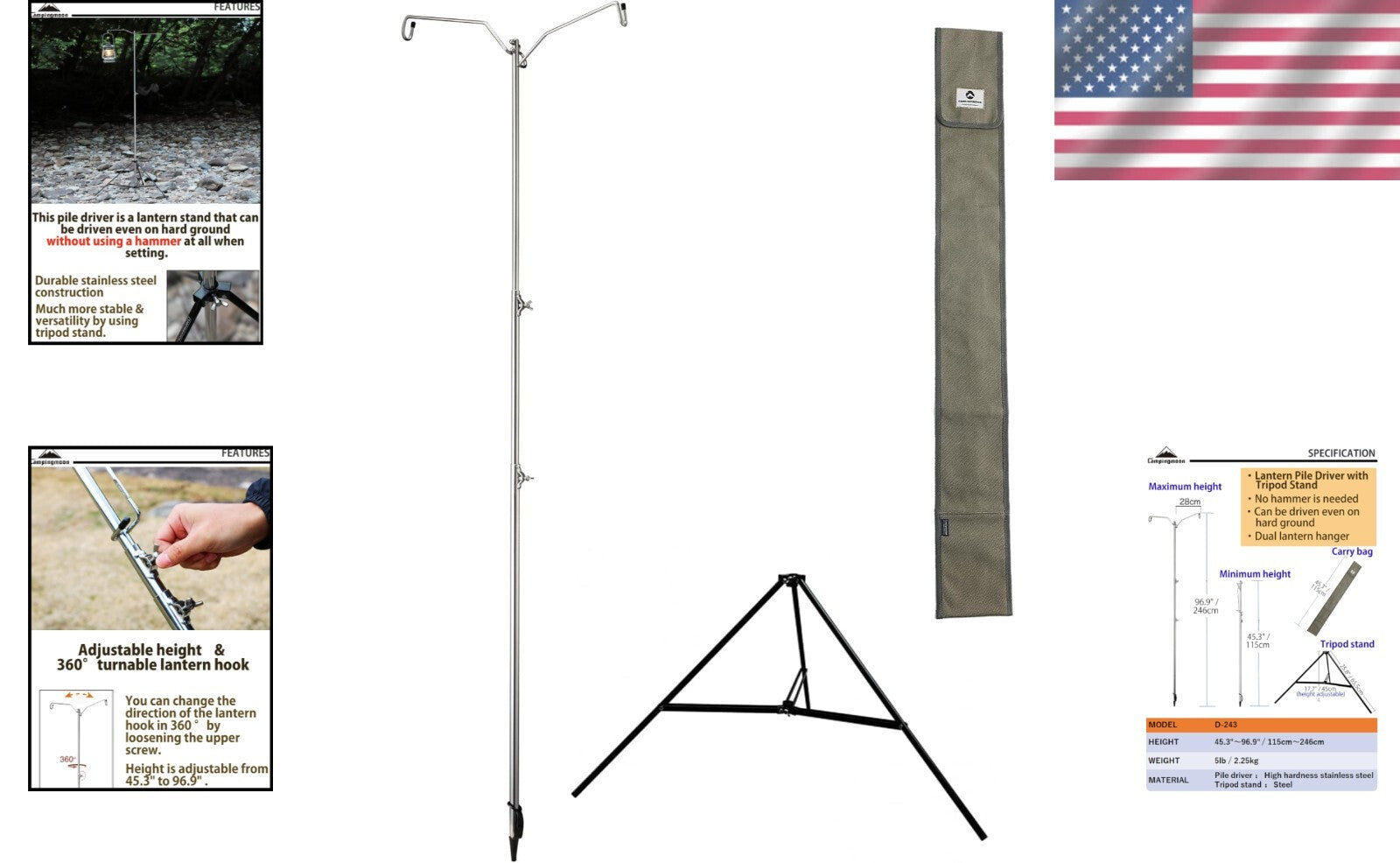 Camp-Ready Durable Lantern Stand with Dual Hooks & Tripod Design - D-240, D-243