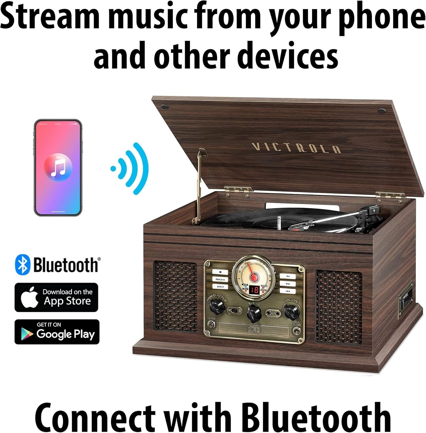Nostalgic 6-in-1 Bluetooth Record Player & Multimedia Center - Espresso Finish