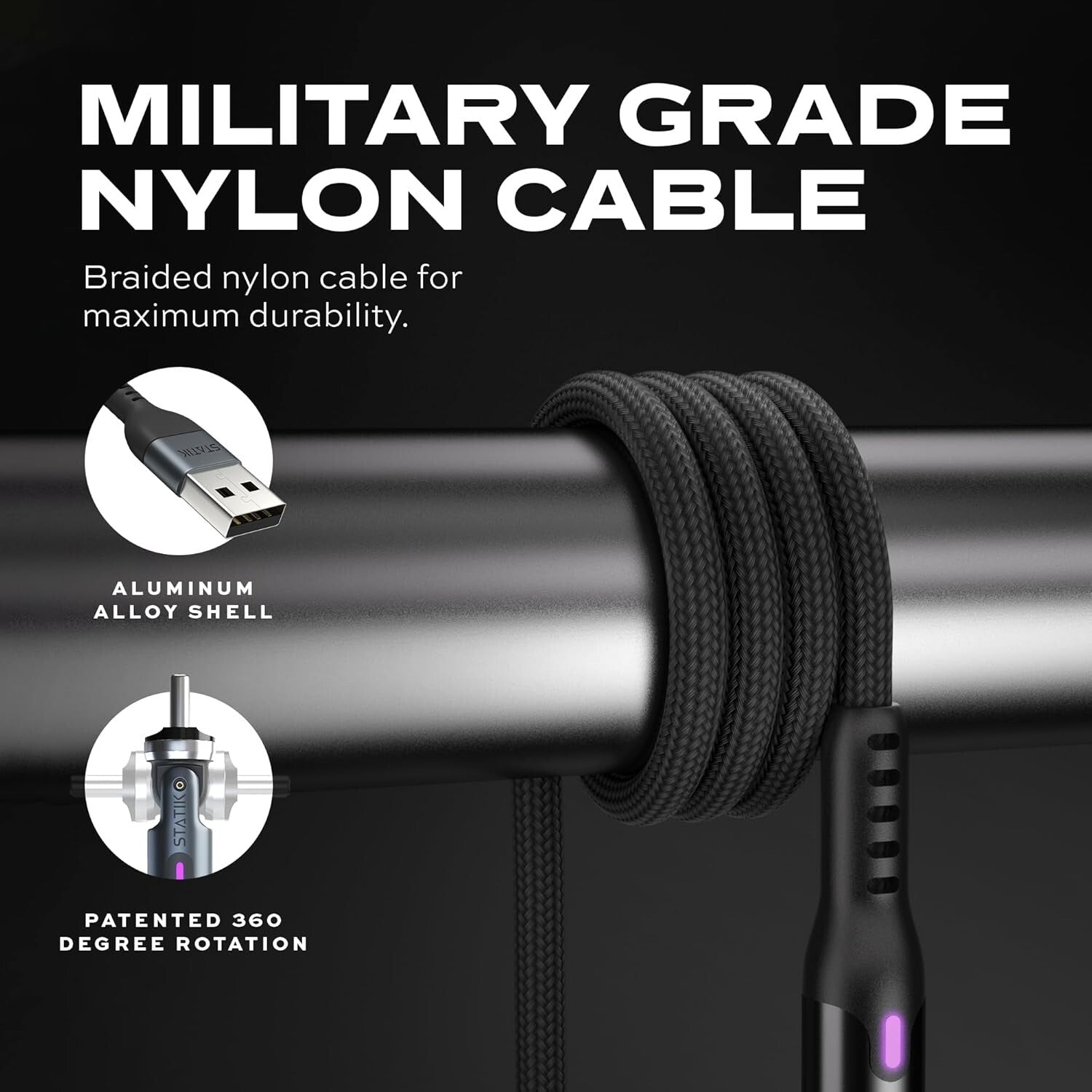 Durable Nylon Braided USB-C Charger 90° Right Angle with LED Indicator, 3-Pack