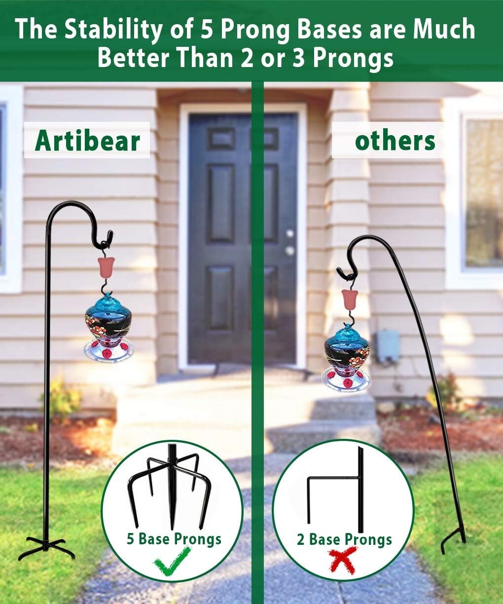 Black Powder-Coated Adjustable Outdoor Shepherd Hook, 5 Prongs for Stability