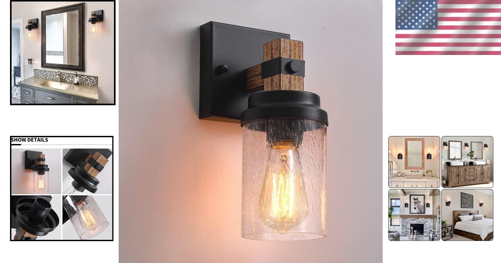 Chic Wall Sconce for Bathroom & Dining - Rustic 1-Light Fixture with Glass Shade