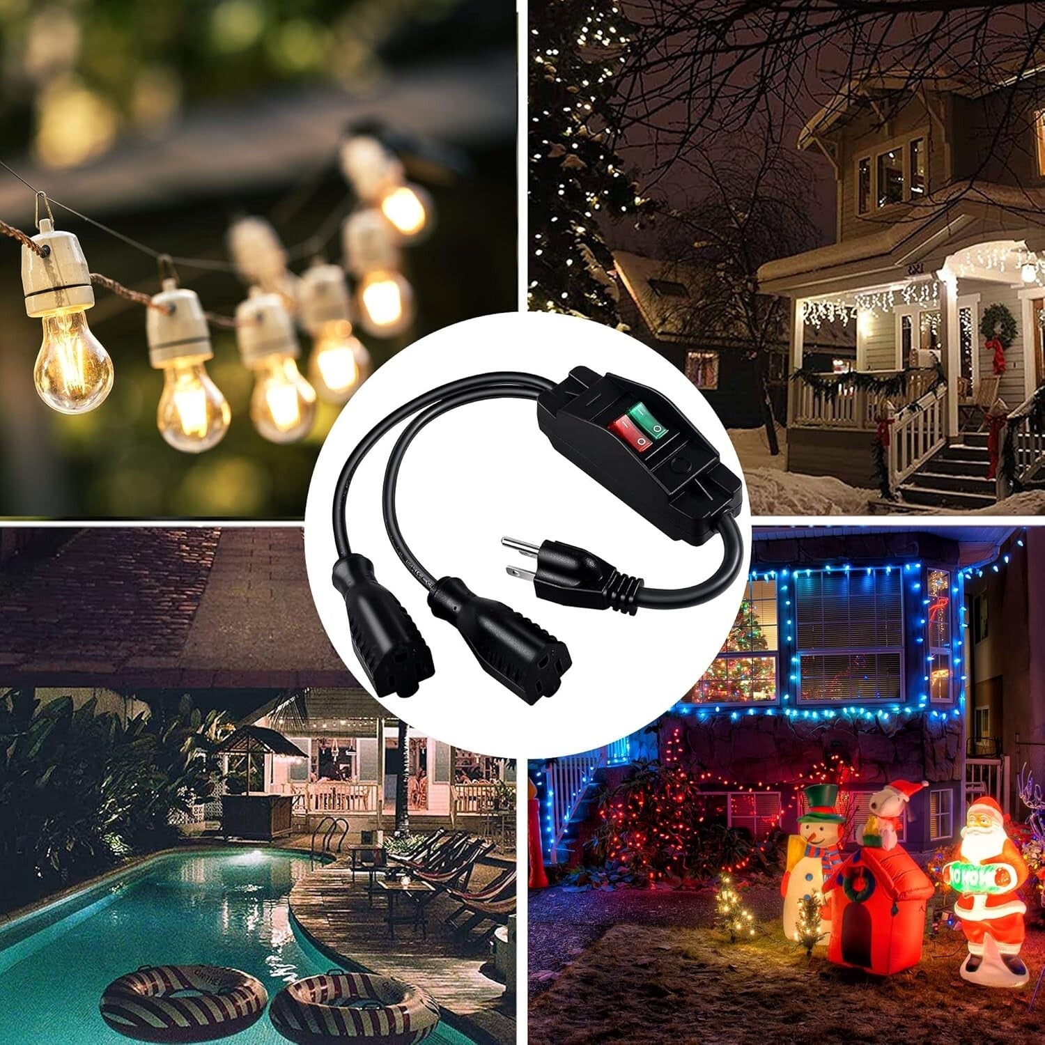 2-Way Outdoor Power Splitter Extension Cord with On/Off Switch - 15 Feet Long