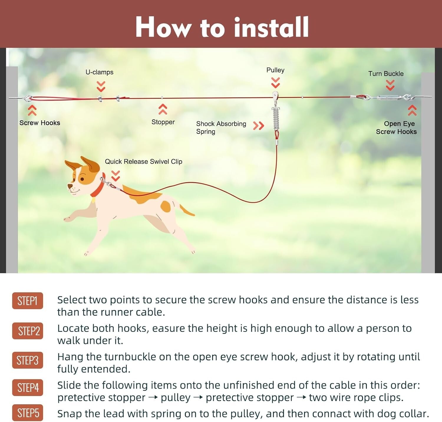 Durable Outdoor Dog Runner with Shock Absorbing Spring & Tangle-Free Clip