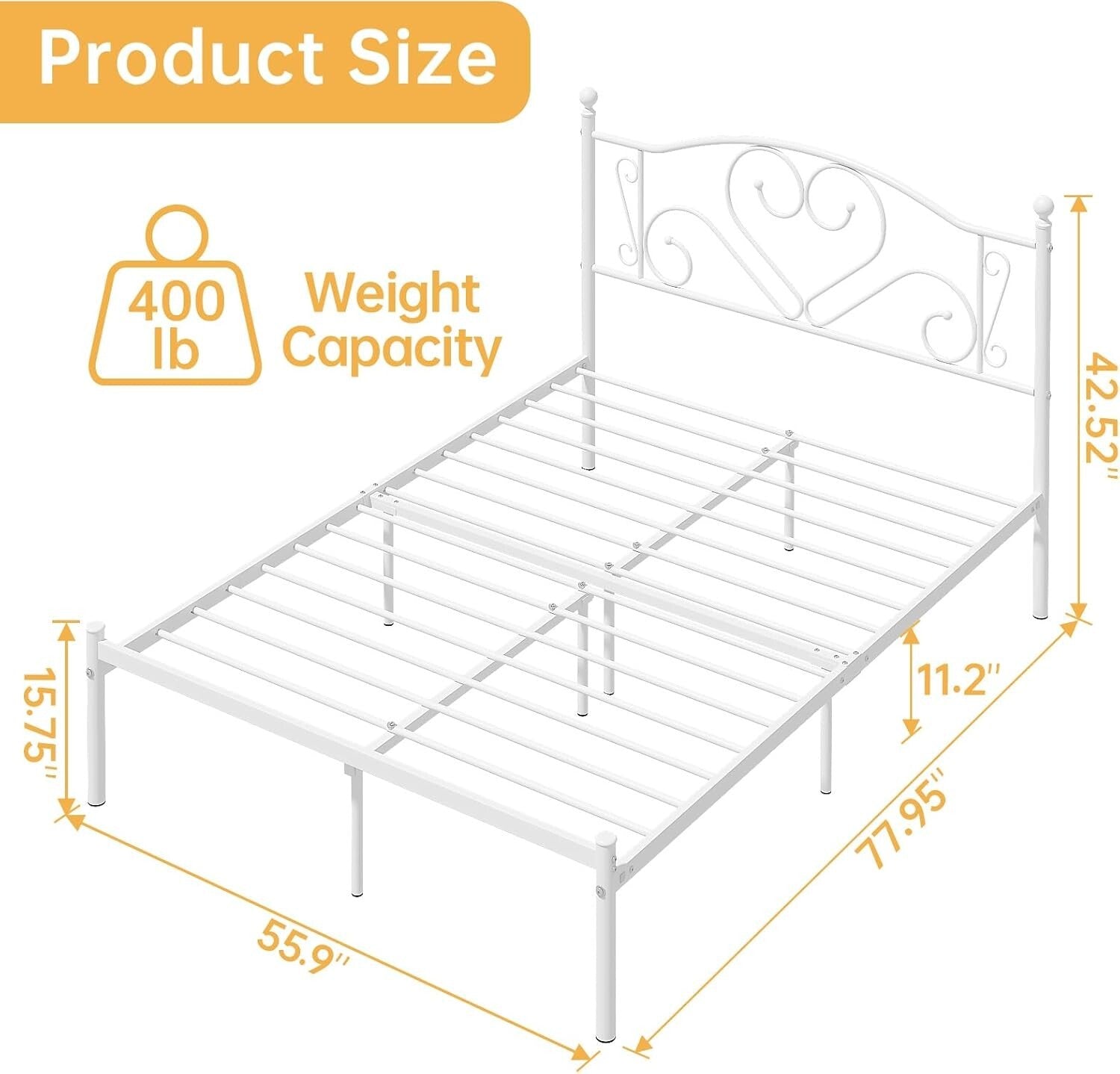 Full Size Bed Frame with Heart-Shaped Headboard & Under-Bed Storage - White