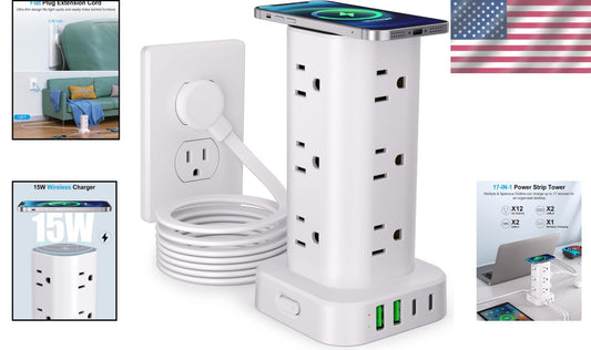 17-in-1 Power Strip Tower with Wireless Charger & 10FT Extension Cord, White