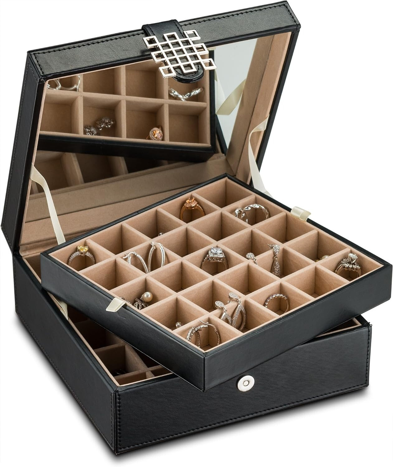 Deluxe Jewelry Box - 50 Compartment Earring Organizer with Mirror & Gift Box