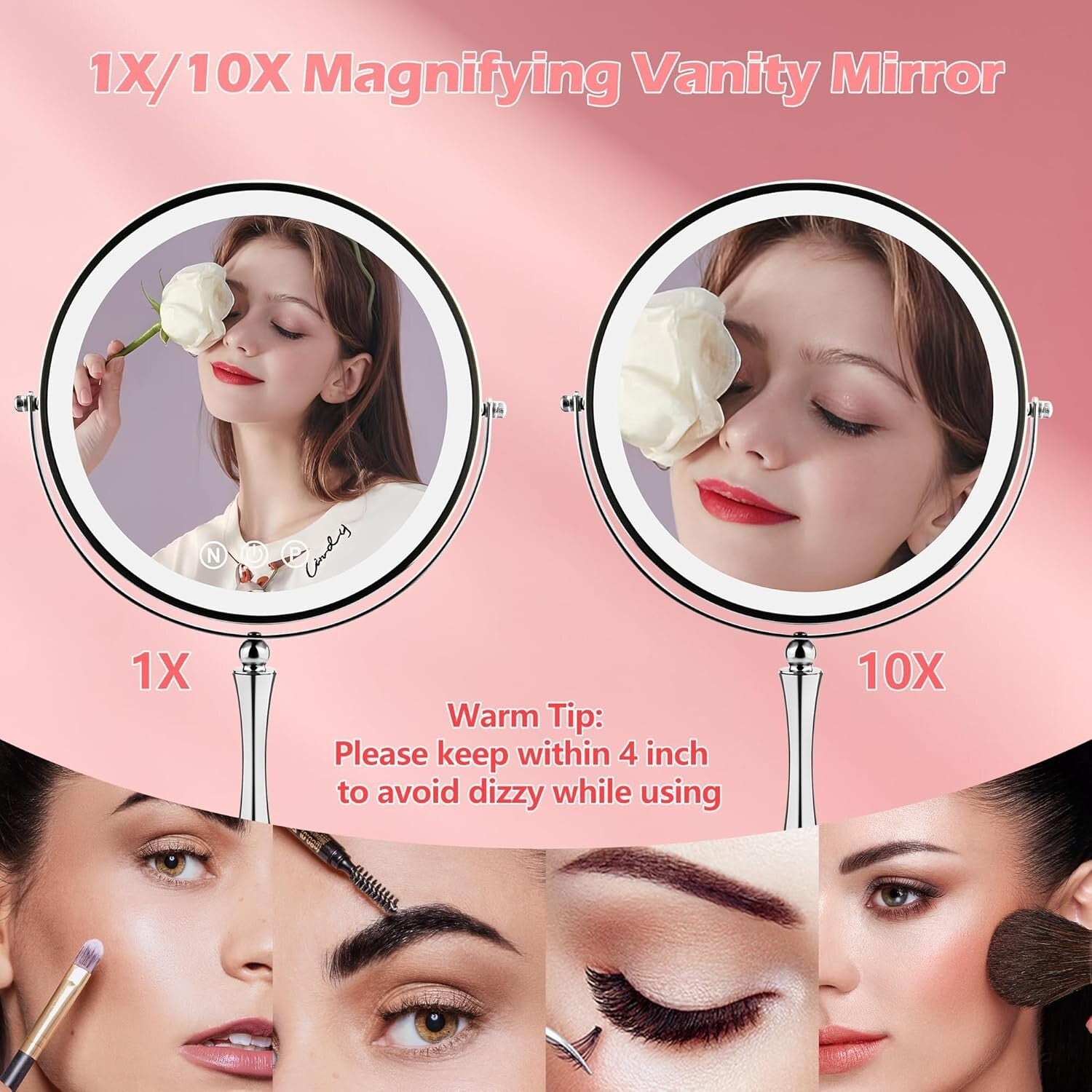 10" LED Lighted Makeup Mirror with 1X/10X Dual Magnification - Silver Elegance