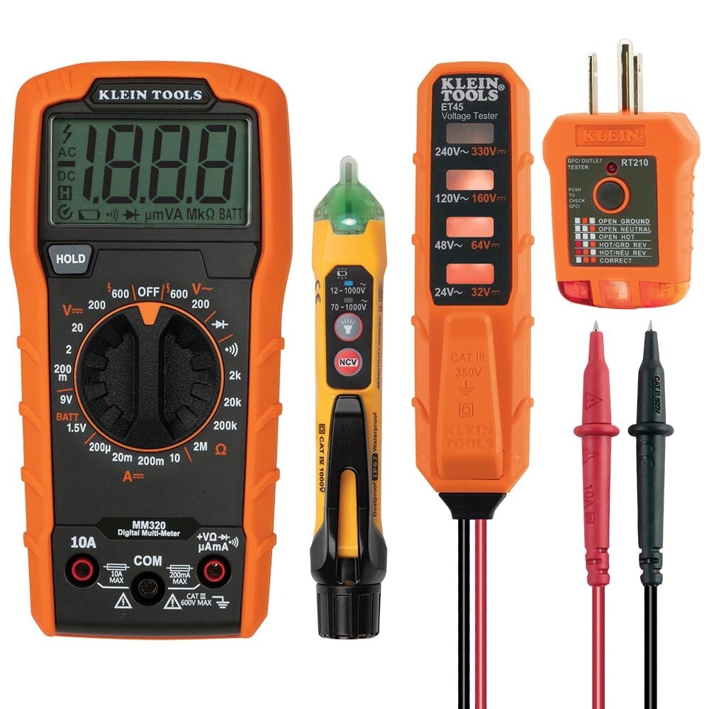 Battery-Powered Digital Multimeter with Flashlight & GFCI Receptacle Tester Kit